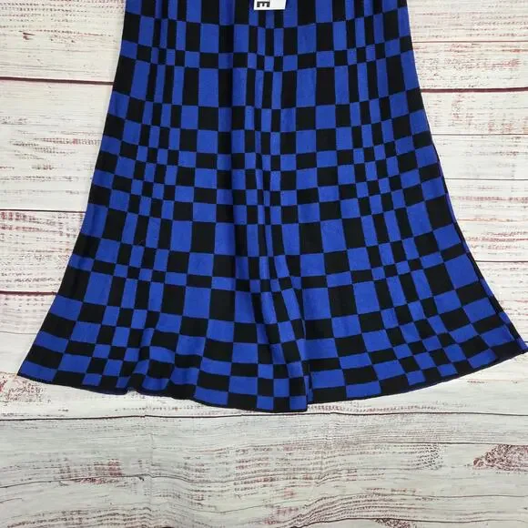 Future Collective Stretch Aline Midi Skirt M Black Blue Check Plaid Party NWT - Picture 6 of 12